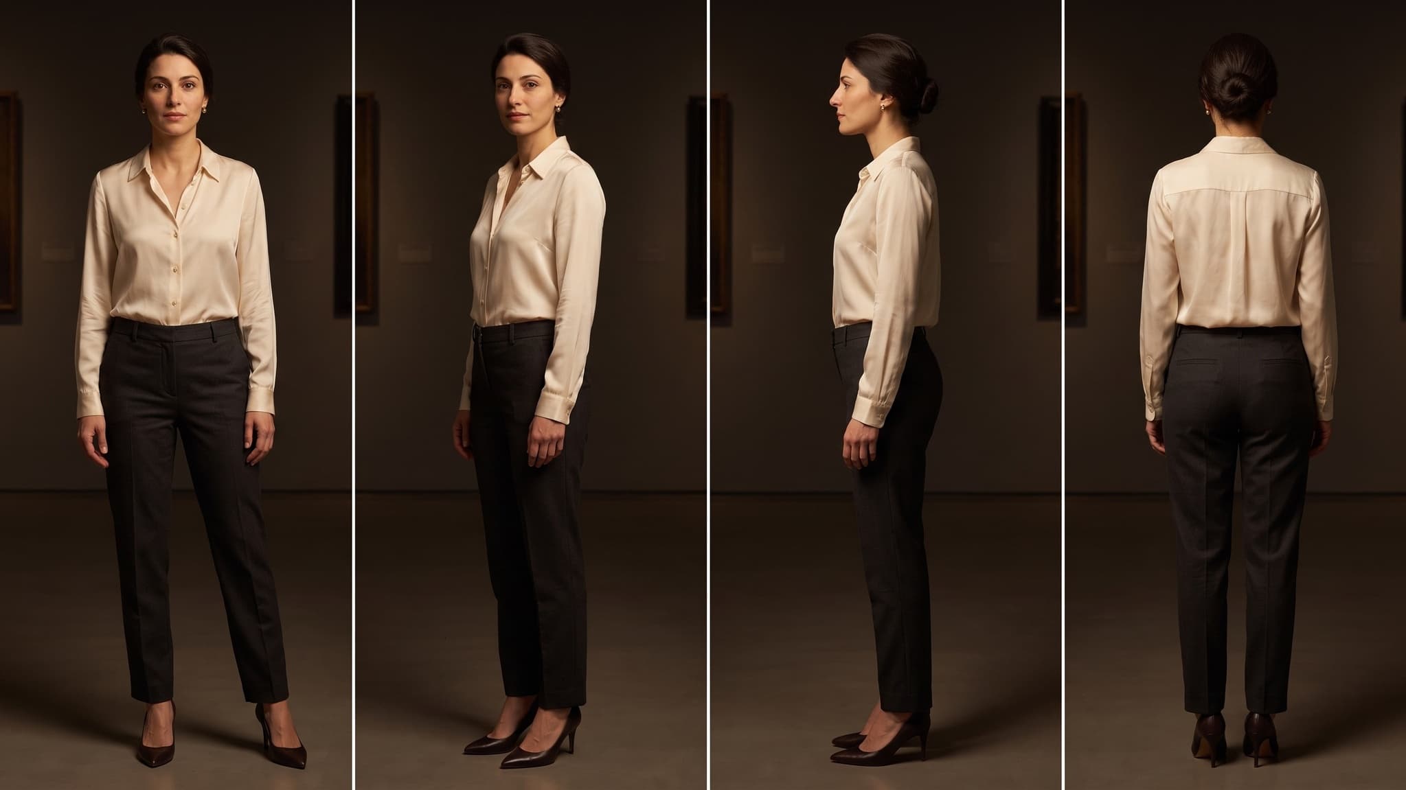 Identity lock — full body sheet. The original sheet included a necklace that propagated across every generation; it was edited out and re-locked as the canonical reference.